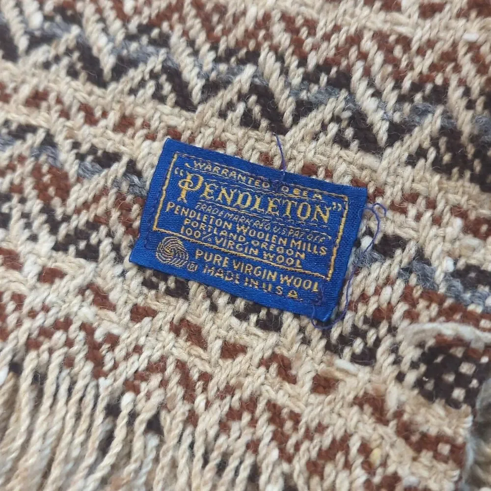 Vintage Pendleton 100% Virgin Wool USA Throw Blanket Fringe Wool Earth Tone